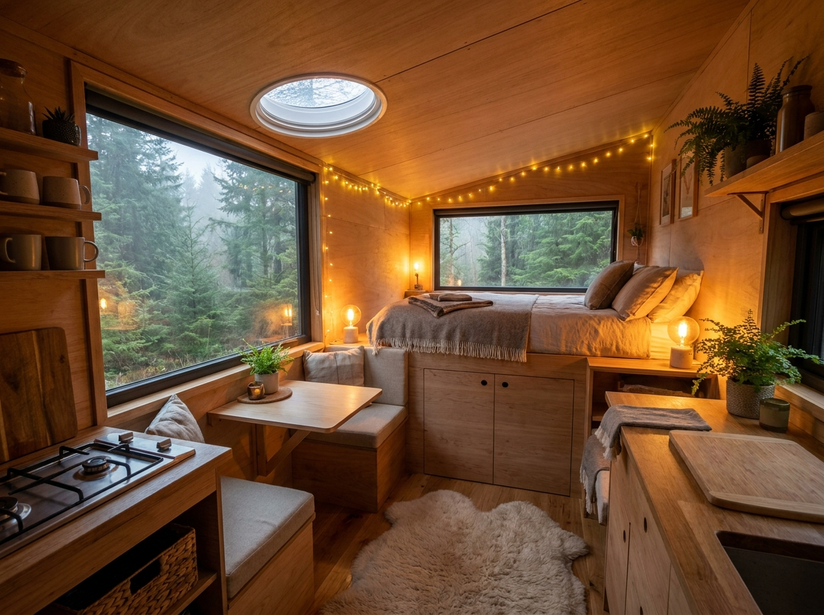 Promyšlený interiér glampingu